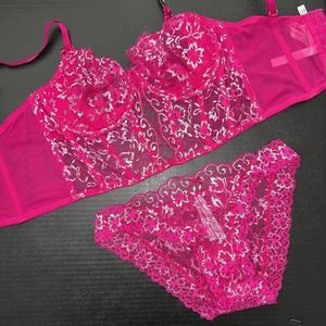 Victoria's Secret longline 34C,34D,36B BRA SET M FUCHSIA HOT PINK SILVER lace